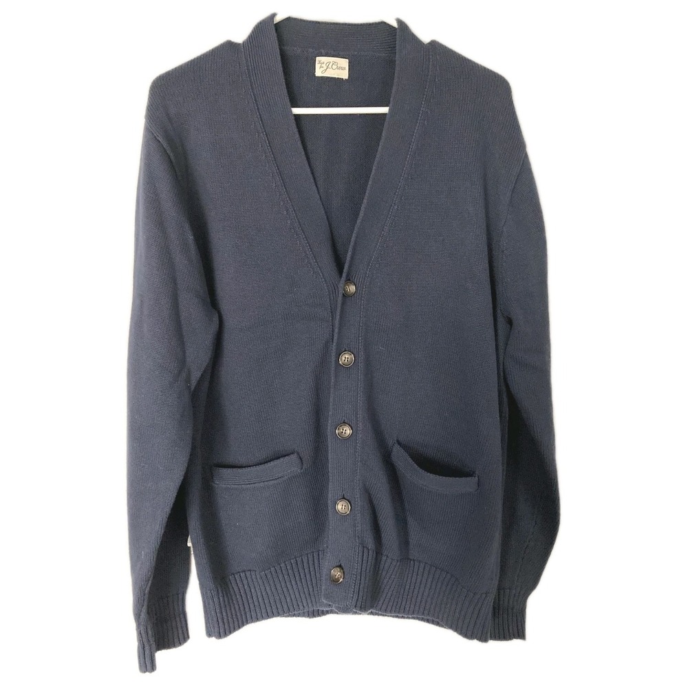 Vtg J.Crew Sweater Men L-XL Navy Cotton Vneck Cardigan Long Sleeve Button Pocket